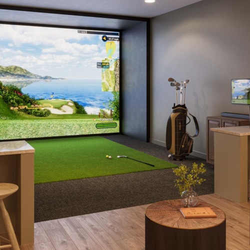 a room with a large screen and chairs