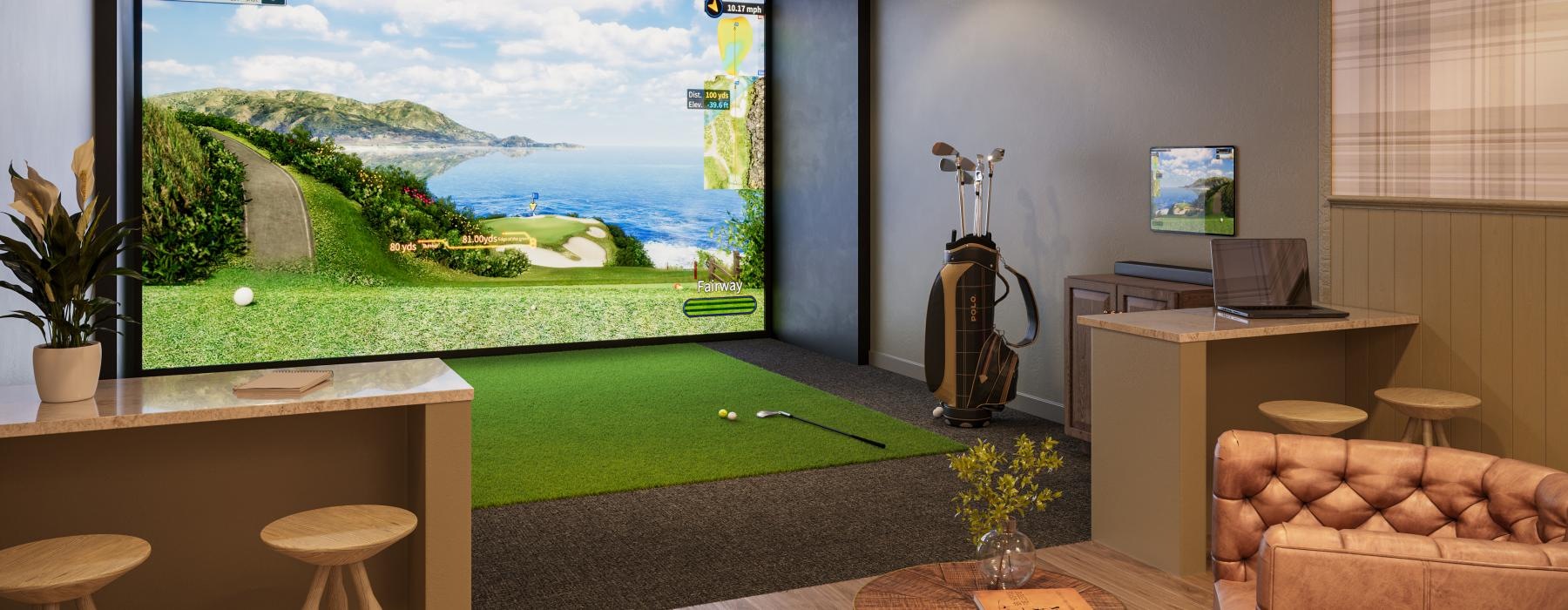 a room with a large screen and chairs