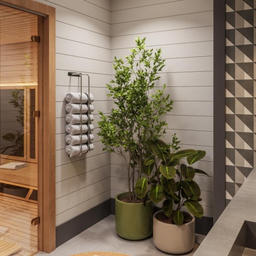 a bathroom with a glass door