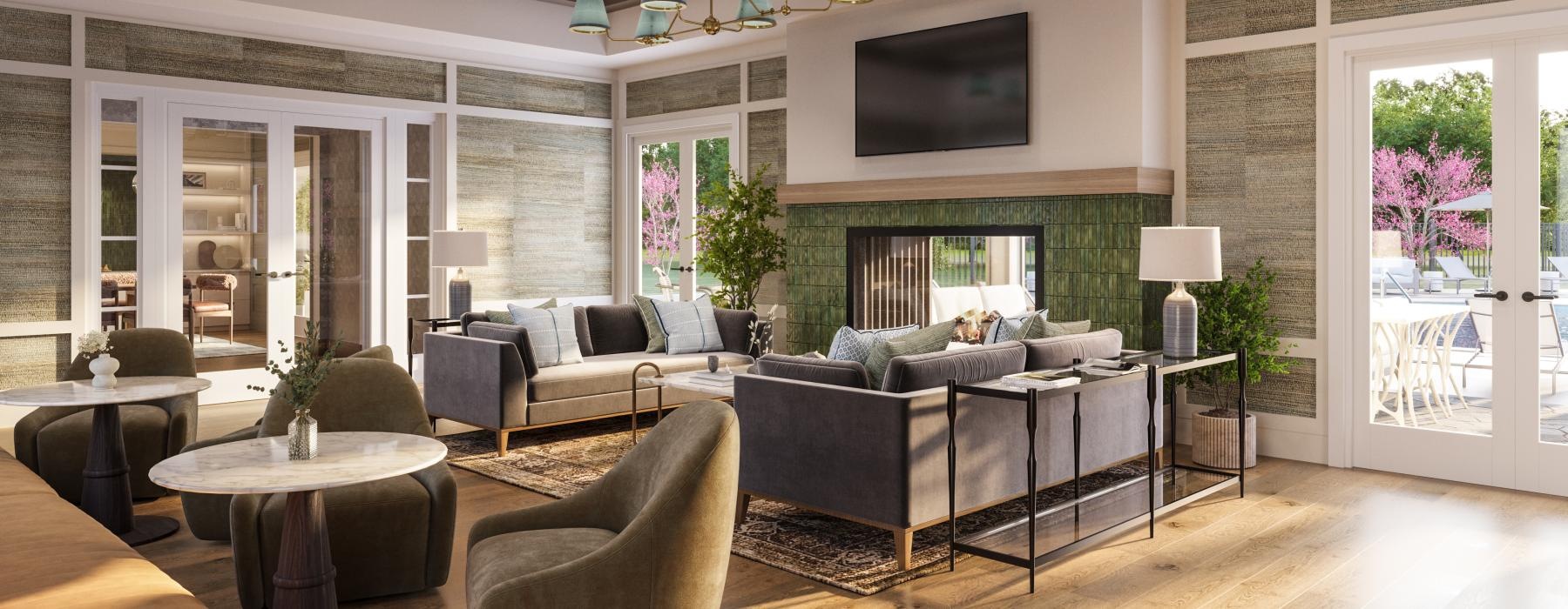 a living room with a large glass door