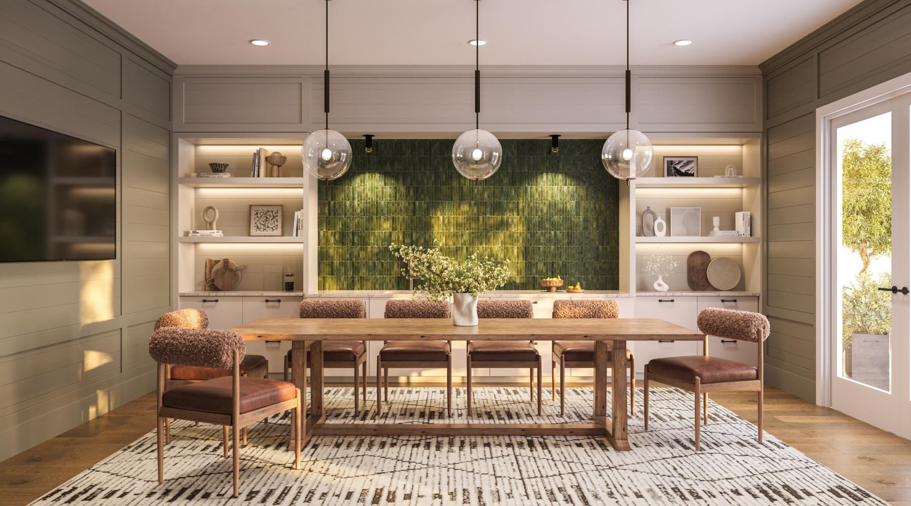 a kitchen with a dining table and chairs