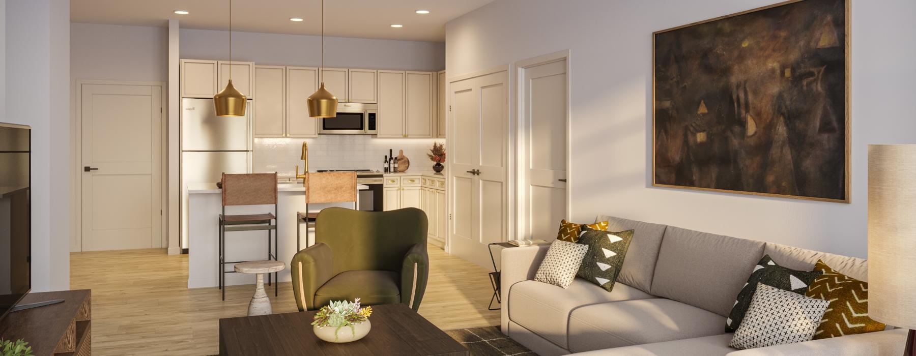 a living room with a couch and a table