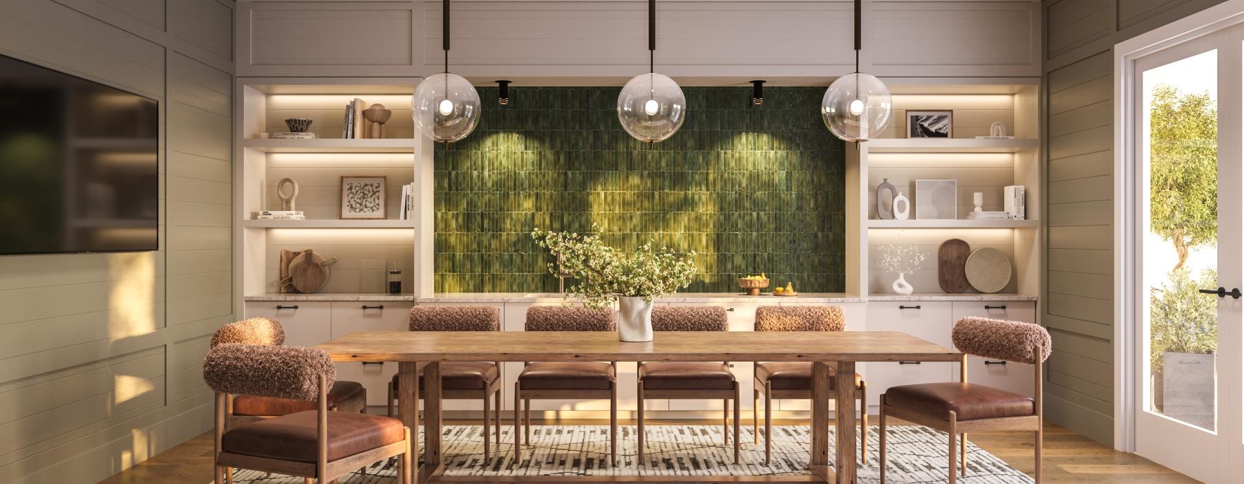 a kitchen with a dining table and chairs