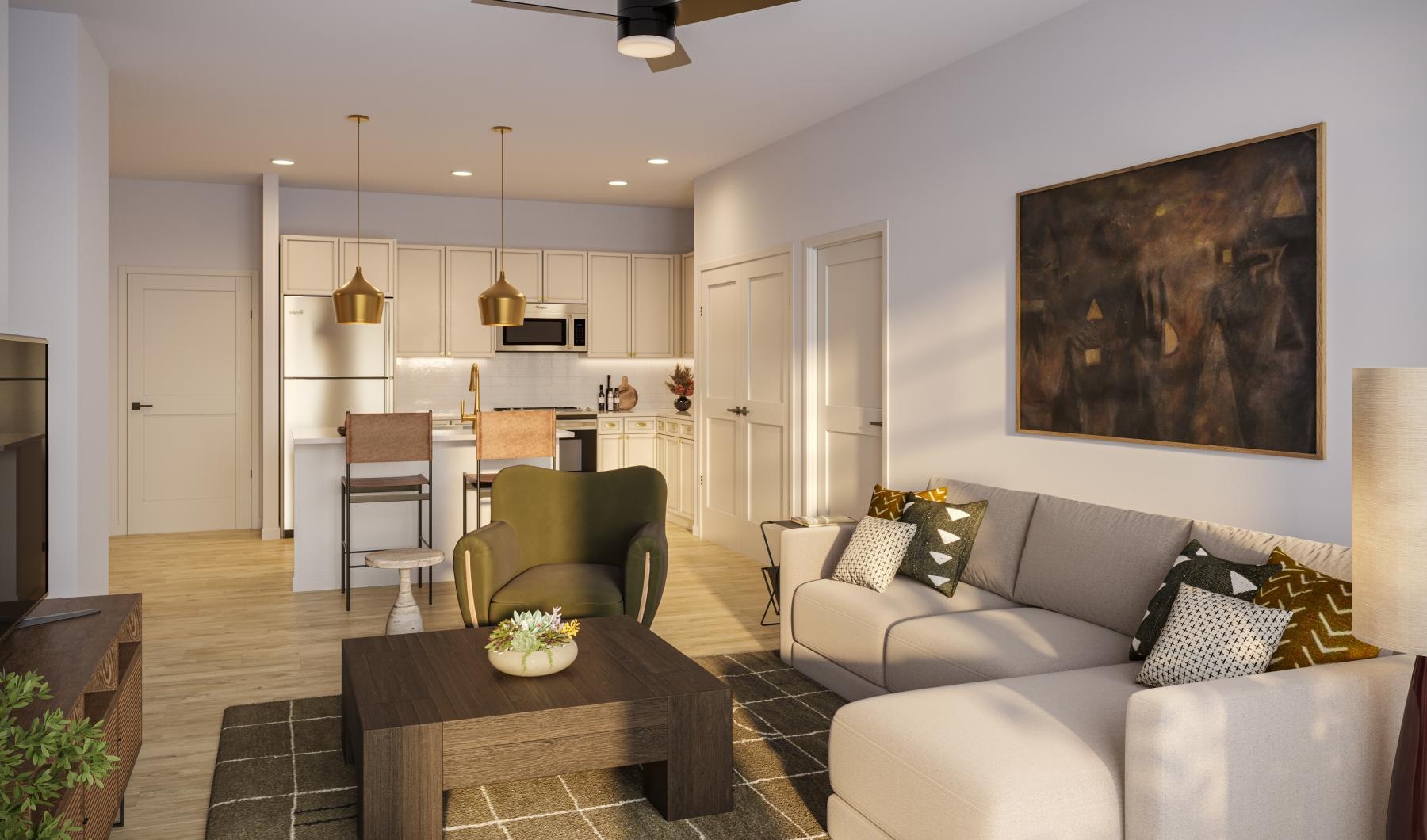 a living room with a couch and a table