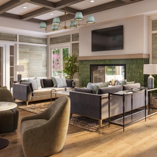 a living room with a large glass door